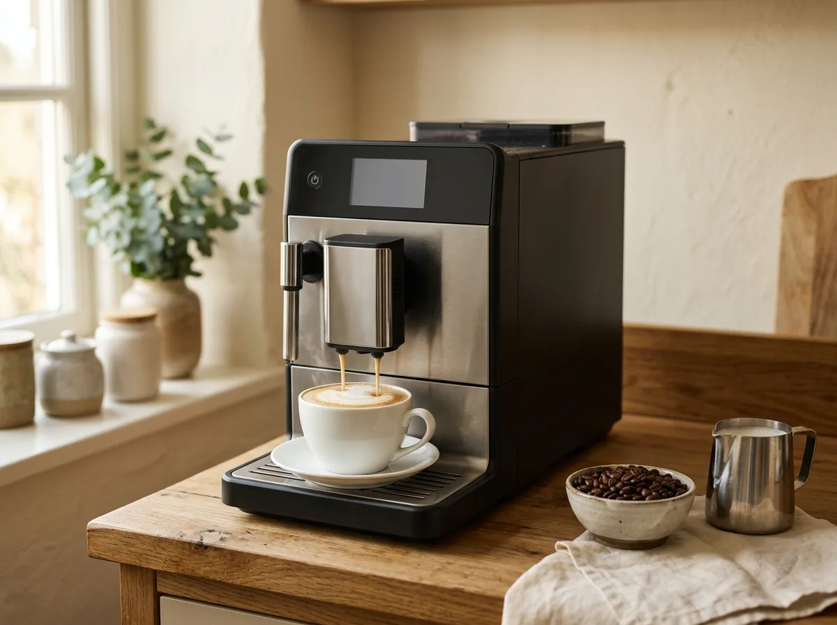 Ekspres do kawy z filiżanką cappuccino na kuchennym blacie